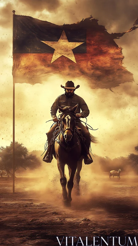 Lone rider charging beneath tattered Texas flag at dusk.