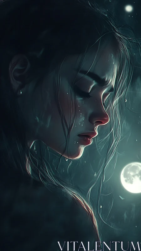 Moonlit tears drift across a quiet, rain-soaked reverie