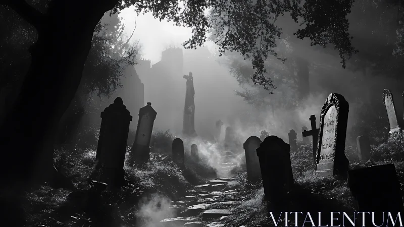High-contrast graveyard pathway in moody monochrome lighting.