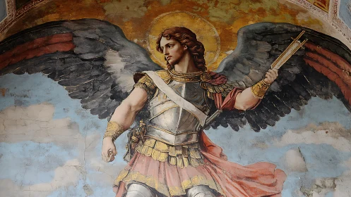 Winged armored figure with halo in classical wall fresco.