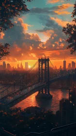 Suspension bridge and city skyline at dense sunset light.