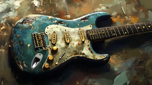Weathered electric guitar rendered in textured digital paint