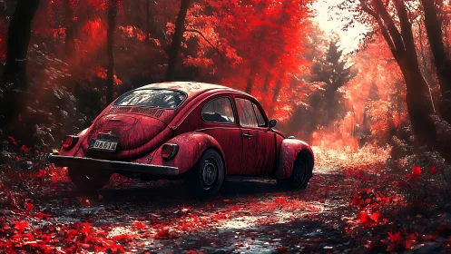 Retro red Beetle rendered in high-contrast autumn forest lighting