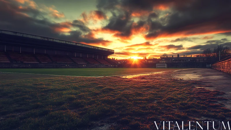 Empty football stadium glows under dramatic sunset sky