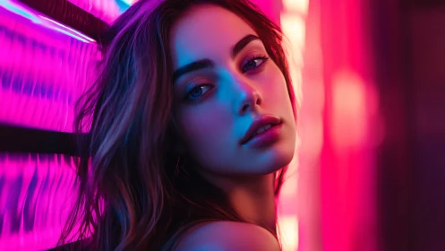 Soft neon portrait bathed in glowing pink and blue light.