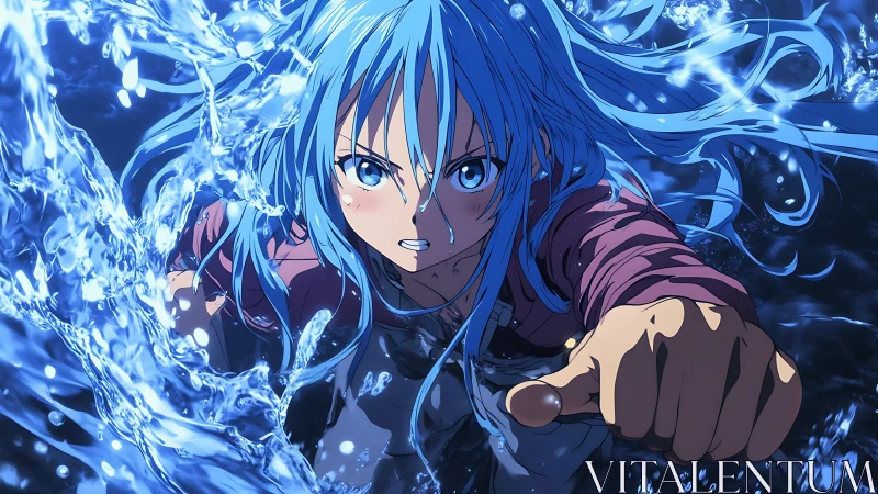 Blue haired anime hero commands surging water in battle