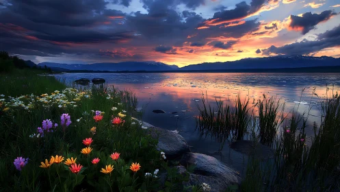 Spectral lake sunset with foreground wildflower macro ecology.
