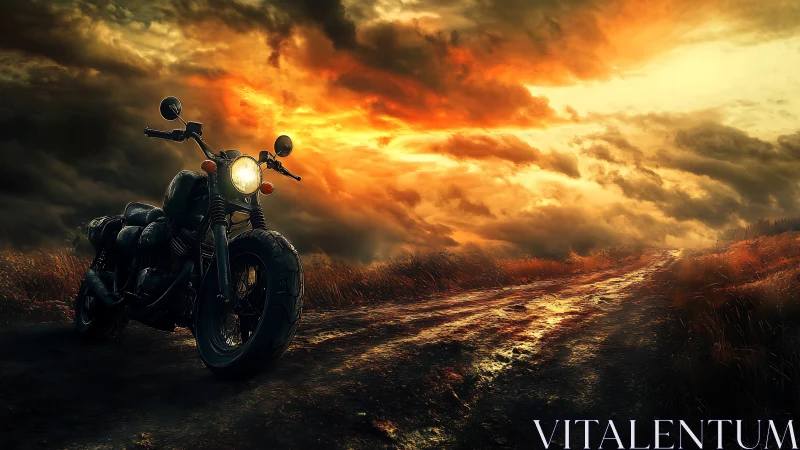 Motorcycle waiting on a glowing road under fiery skies.