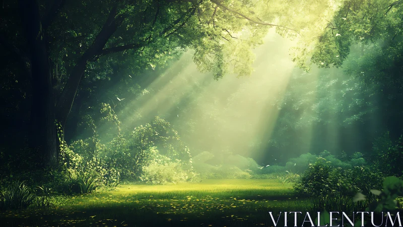 Sunlit Forest Clearing with Lush Greenery in Dreamlike Style.