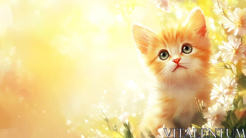 Orange Kitten Portrait in Floral Setting with Warm Lighting