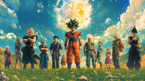 Panoramic anime team lineup under dramatic high-contrast sky