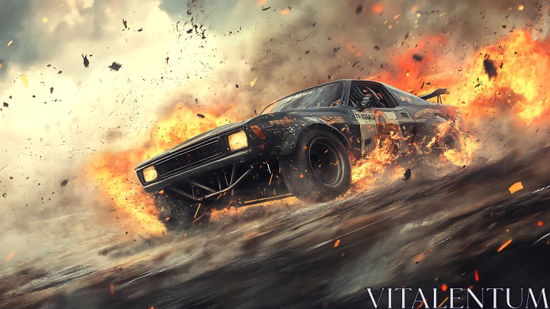 Dynamic 3D muscle car drifting through cinematic firestorm.