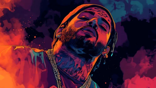 Neon-lit portrait leans skyward and crowns itself in color