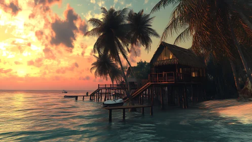Tropical overwater bungalow during dramatic golden sunset with palm trees
