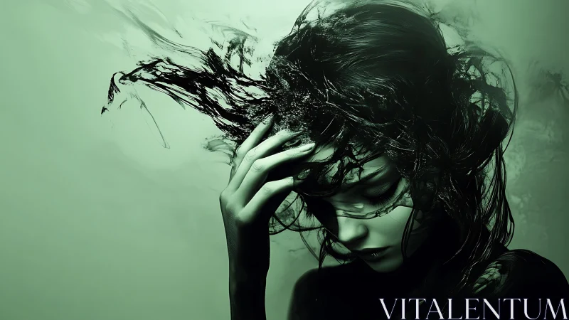 Dark abstract portrait of woman with dissolving hair.