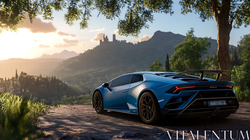 Sunlit blue supercar lingering on a castle-lined horizon road.