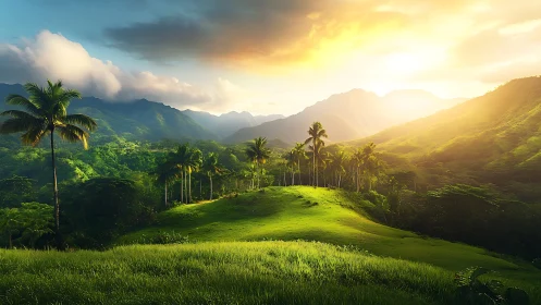 Sunlit emerald valley crowned with palms and distant peaks.