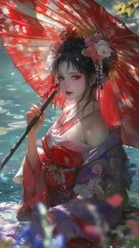 Woman in floral kimono holding red umbrella by water.