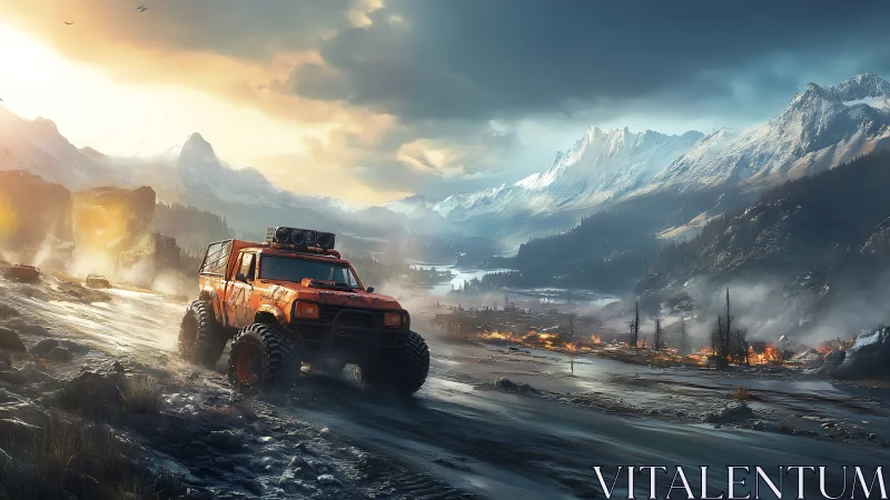 Cinematic 3D off-road truck in post-disaster alpine valley.