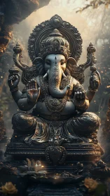 Ornate elephant-headed deity statue in forest shrine setting.