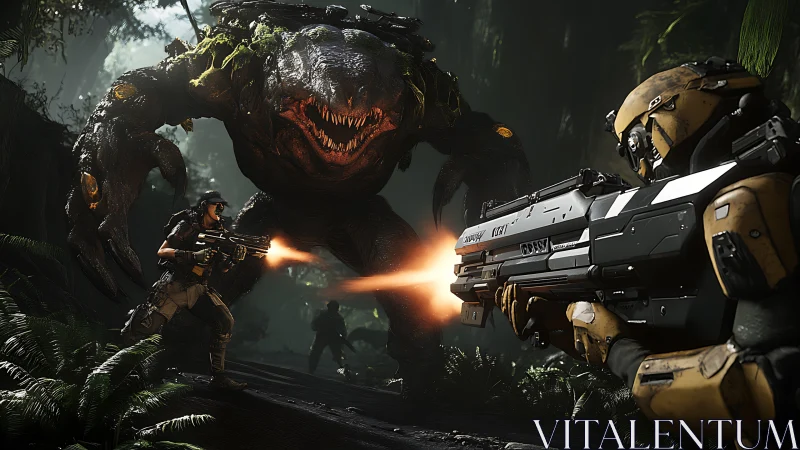 Jungle marines carve luminous firepaths into roaring titan