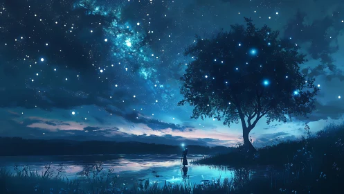 Star-harvesting dreamer under a whispering midnight tree.