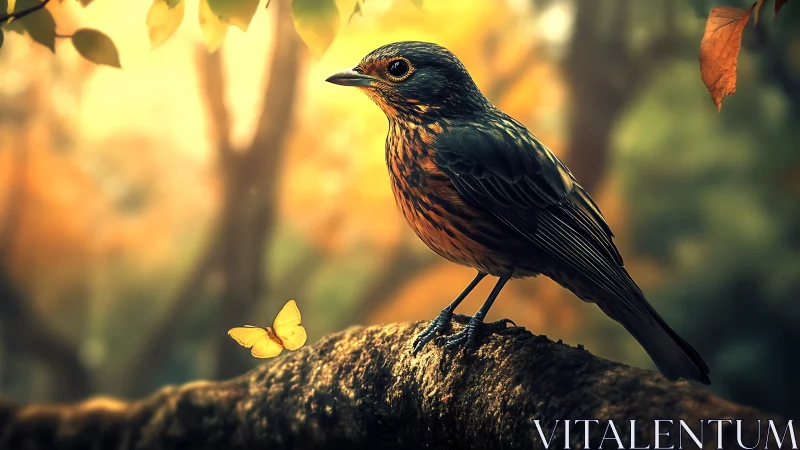 Songbird and Butterfly in Warm Autumn Forest, Digital Art Style.
