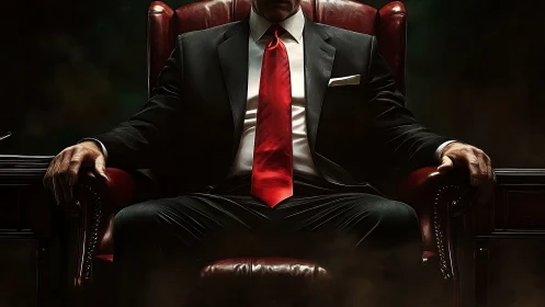 Power-seat patriarch in crimson-tied, shadow-forged splendor.