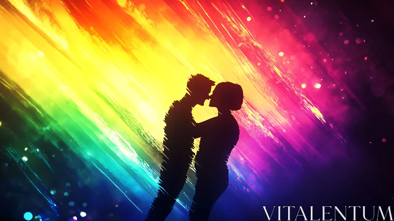 Silhouetted figures embrace against vibrant multicolor spectral light gradients with particle effect