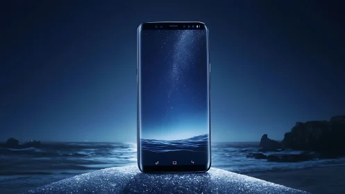 Bezel free smartphone glows above midnight ocean horizon