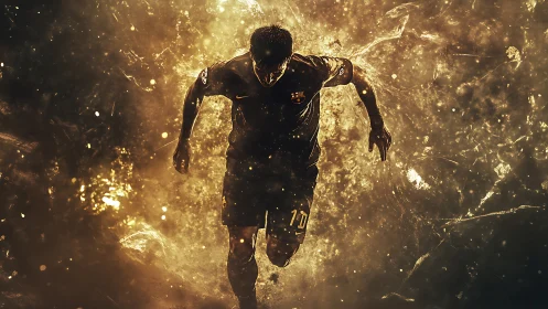 Explosive golden motion portrait of dynamic football runner.
