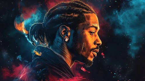 Digital portrait of man in neon cosmic smoke profile view.