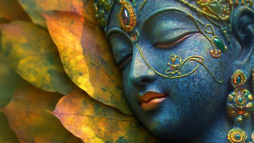 Blue stone deity face with gold jewelry and autumn leaves.