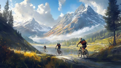 Alpine Valley Cycling: Mountain Landscape Digital Painting.