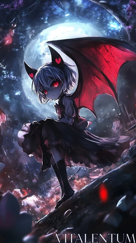 Moonlit bat-winged girl broods over a shattered crimson night.