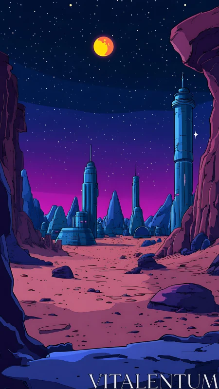 Retro sci fi colony beneath vivid alien night sky.