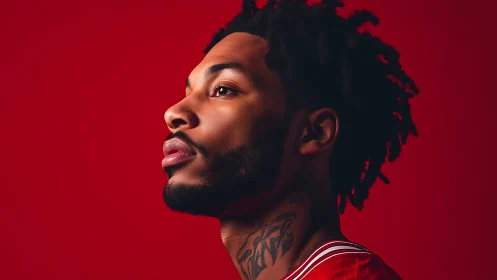 Warm portrait of hopeful man in bold red backdrop.