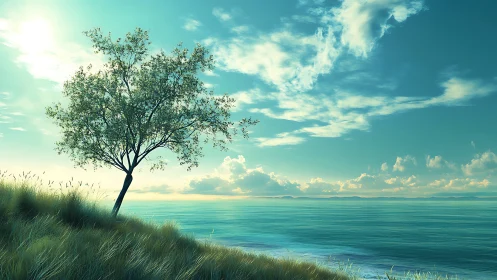 Lone Tree on Grassy Hill Overlooking Tranquil Blue Ocean, Digital Art.