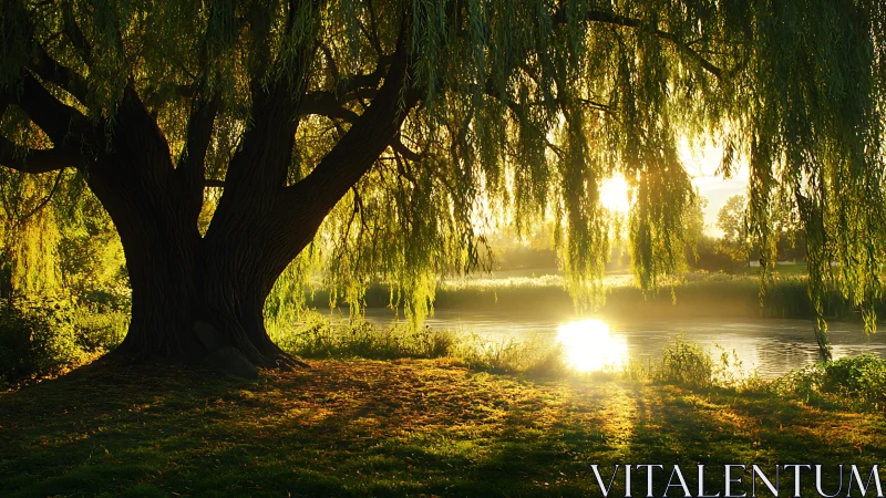 Willow tree silhouettes riverbank under golden sunrise glow.