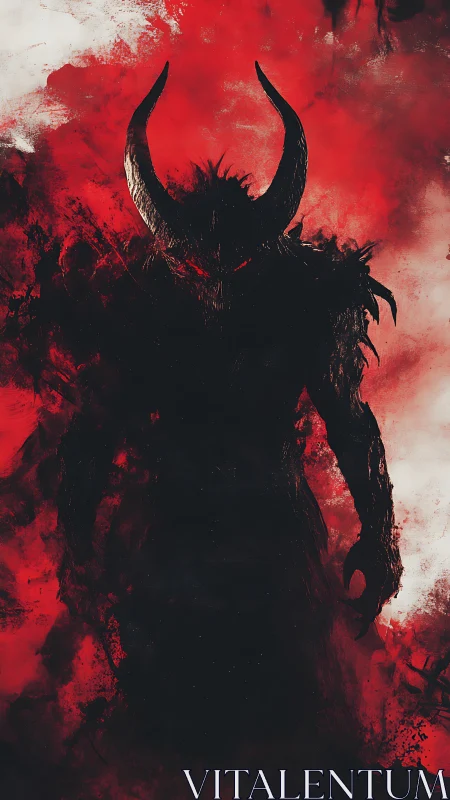 Horned shadow figure in red and black abstract background.