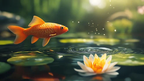 Goldfish hovers above lily pond, rendered in photoreal detail