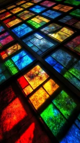 Oblique perspective of modular stained glass grid with saturated refraction