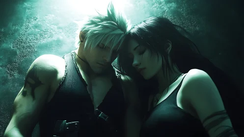 Two figures positioned in close proximity against teal-filtered atmospheric background.