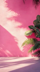 Palm leaves cast sharp shadows on solid pink exterior wall