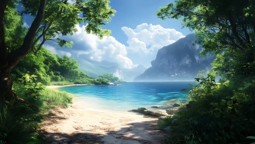 Tropical Cove with Limestone Formations and Vegetation.