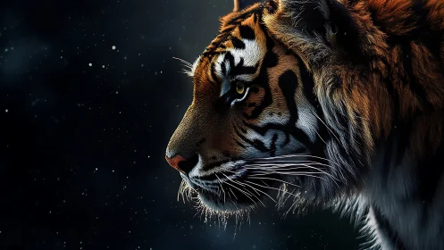 Photorealistic tiger profile in dramatic low key lighting.