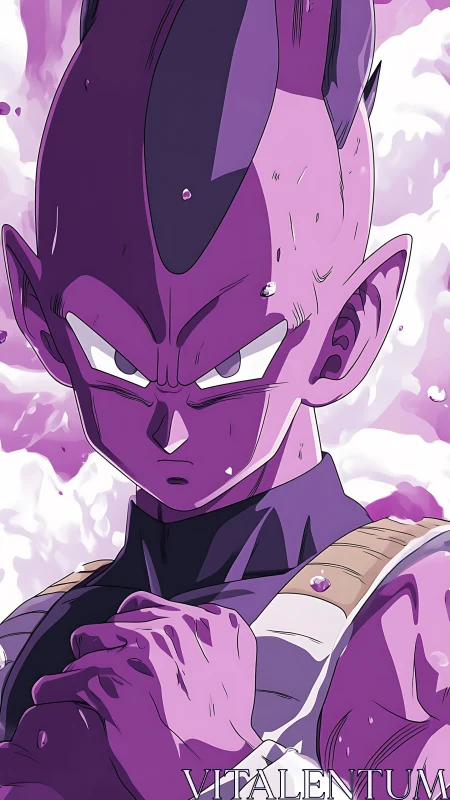 Cel-shaded battle portrait of intense purple warrior aura.