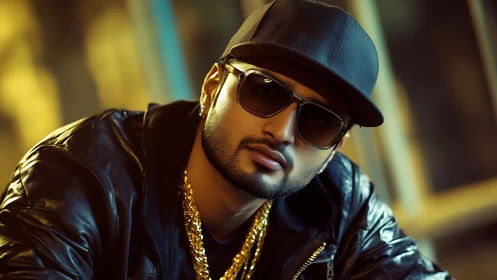 Urban portrait of man in cap, sunglasses, and gold chains.