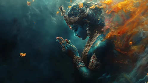 Blue-skinned adorned figure in prayer amid swirling light.