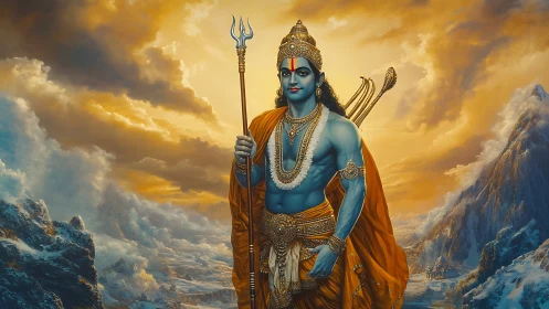 Divine warrior deity in luminous Himalayan vista composition.